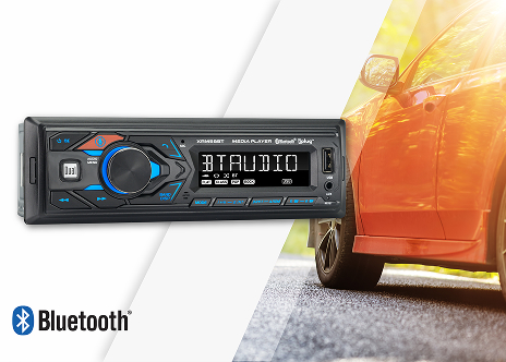 XRM59BT promotion graphic car radio in front and car in background