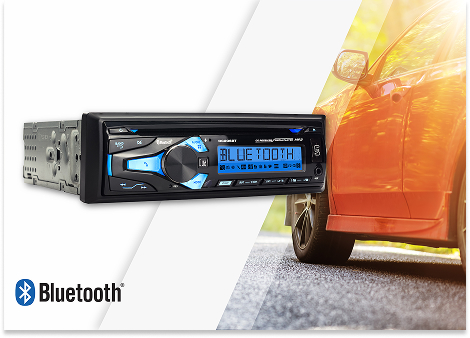 DC206BT promotion graphic car radio in front and car in background