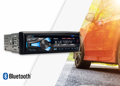 DC207BT promotion graphic car radio in front and car in background