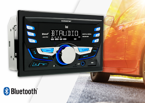 DXRM57BT promotion graphic car radio in front and car in background