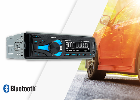 XRM47BT promotion graphic car radio in front and car in background