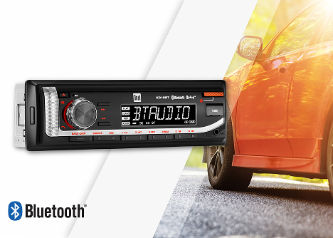 XD18BT promotion graphic car radio in front and car in background