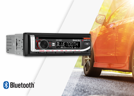 XDC100BT romotion graphic car radio in front and car in background