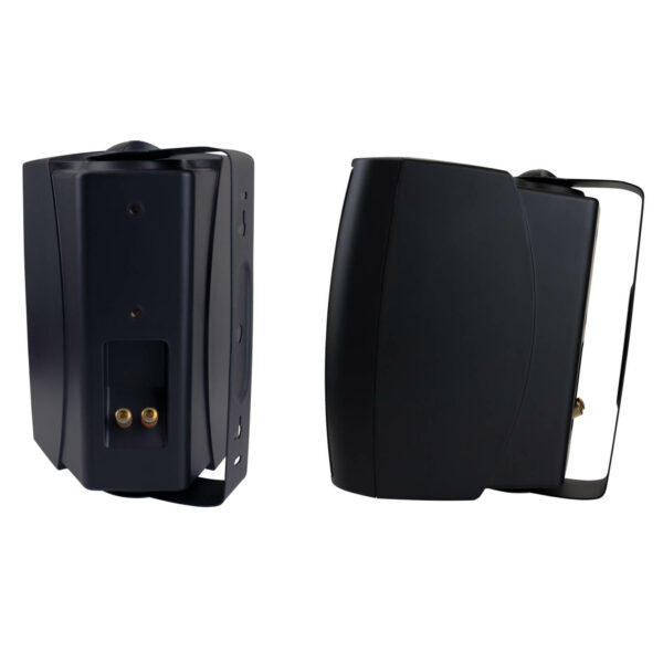 side by side black indoor outdoor speaker with brackets