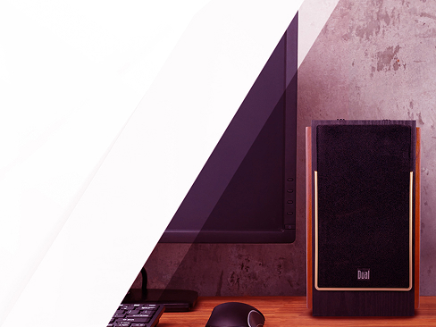 dual speaker on shelf next to tv in living room