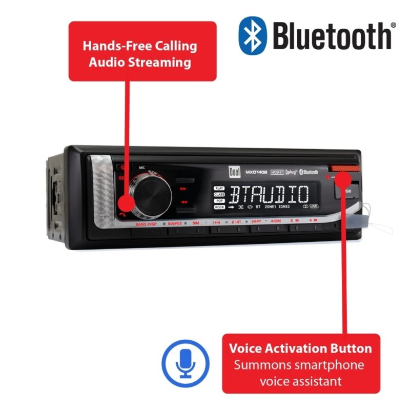MXD140B angled view of boat radio, black marine radio