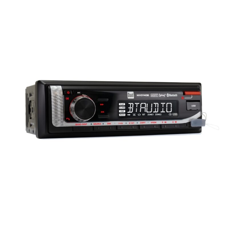 MXD140B angled view of boat radio, black marine radio