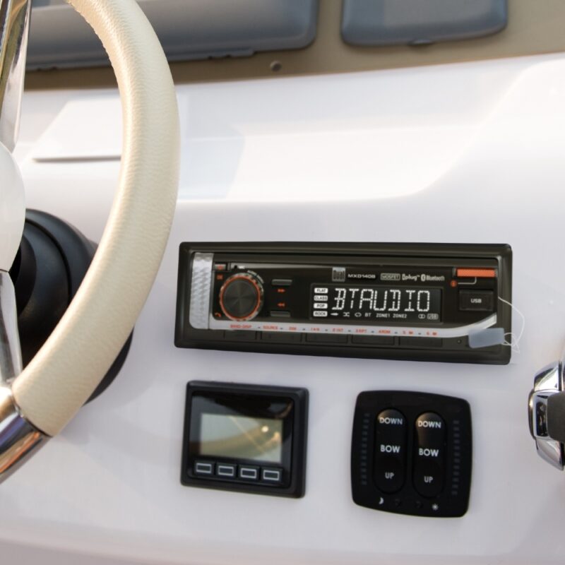 MXD140B Front view of boat radio, black marine radio installed in boat