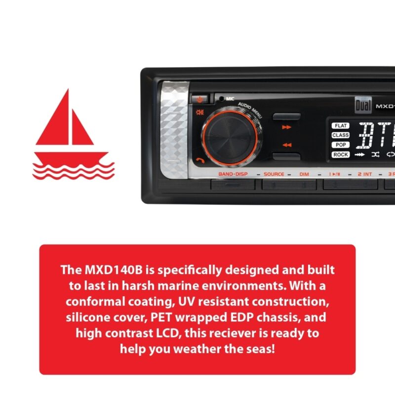 MXD140B Front view of boat radio, black marine radio