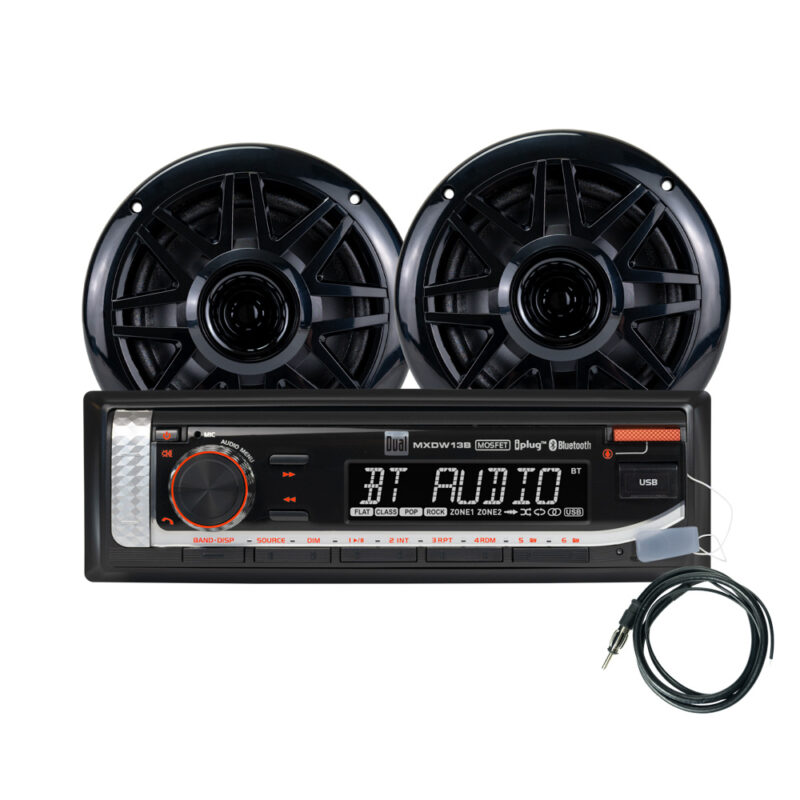 MXP152B group Marine Stereo Receiver with 2 Speakers and Accessories front view