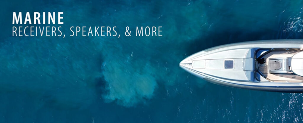 marine audio promotion for speakers and boat radios showing a boat on the water